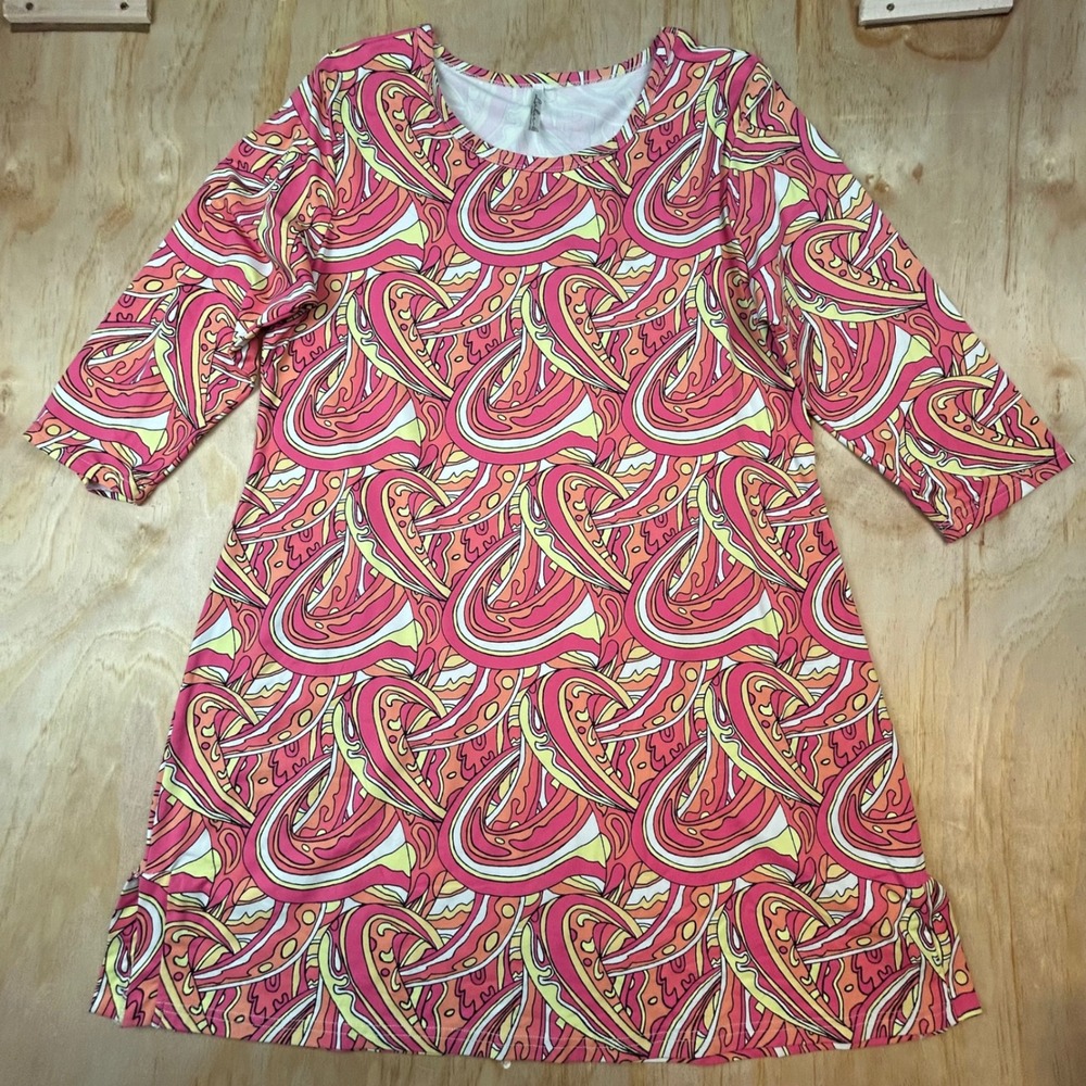 Lulu-B Women 60s Pink Orange Abstract Swirl Print 3/4 Sleeve Shift Dress